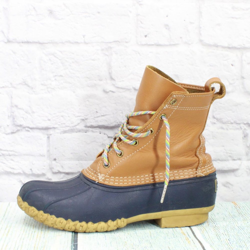 LL Bean Brown Leather Lace Up Round Toe Ankle Duck Boots Size 9 Medium - Picture 1 of 9
